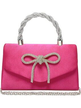 〽️ Women's Hot Pink Sparkly Bow Rhinestone Clutch Purse Wedding Evening Bag